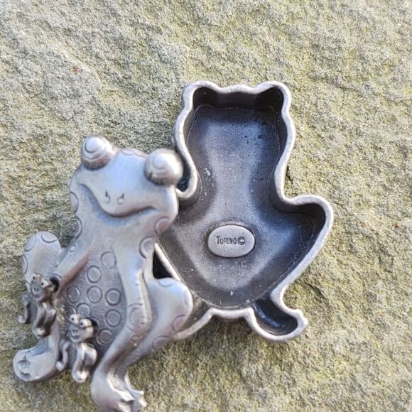 VTG Torino Pewter Frog Earrings Brooch Jewelry Trinket Box - Picture 7 of 10